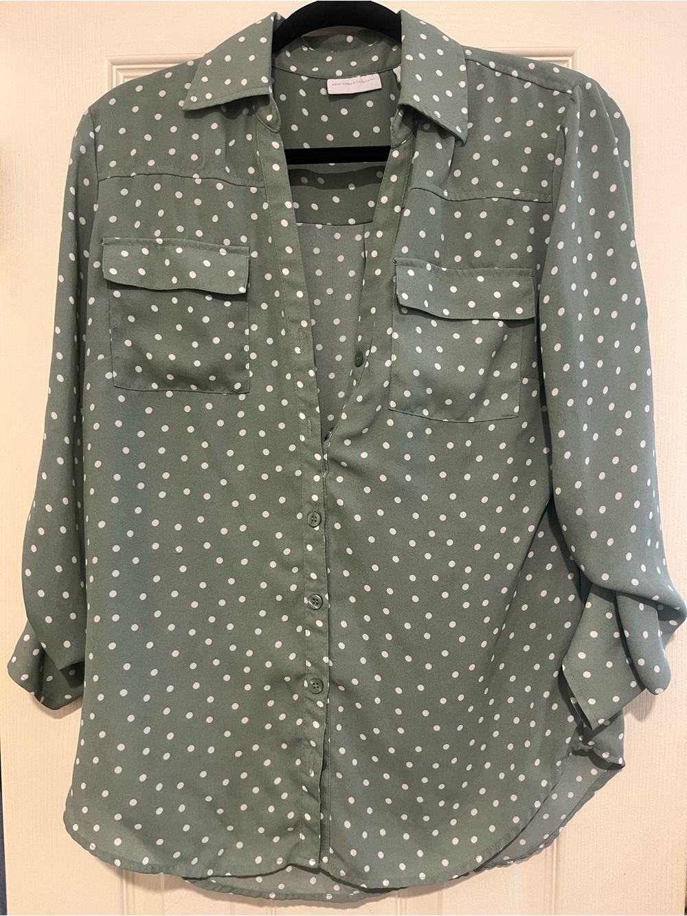 New York & Company Sage Green Polka Dot Button-Down Shirt